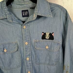 Gap Vintage 80s Kitty Cat Needlepoint Chambray Shirt Small Distressed Denim